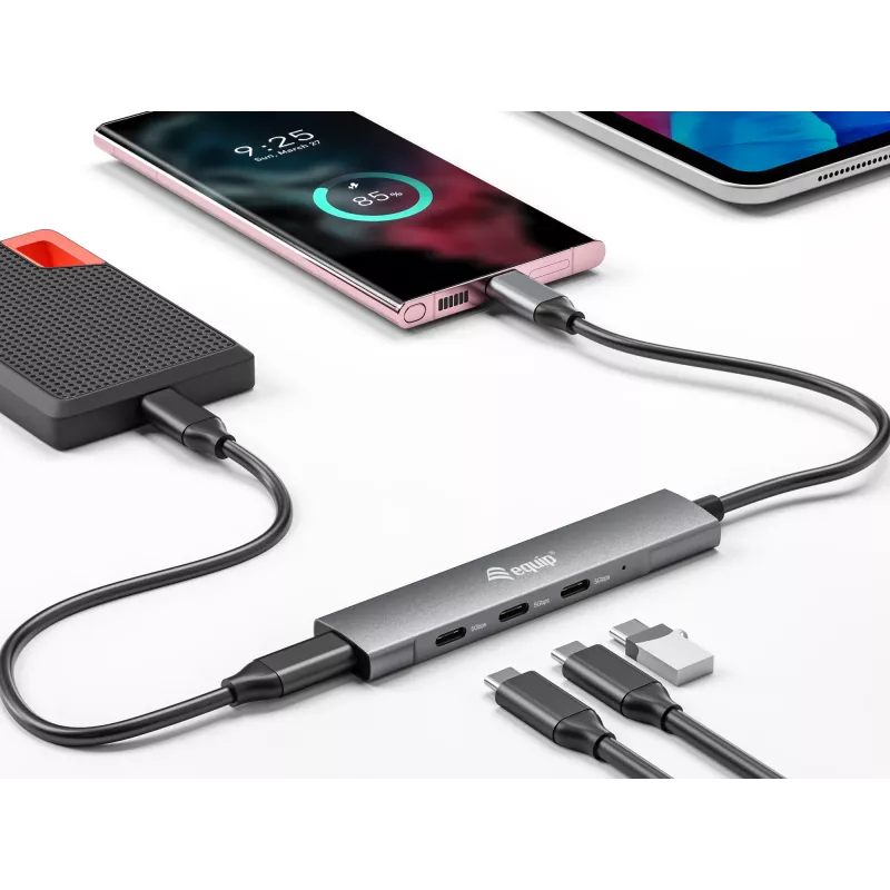 Equip 128963 hub USB-C de 4 portas USB 3.2 Gen 1 (3.1 Gen 1), 4x USB-C, 5 Gbit/s, alumínio, sem adaptador de corrente, preto/prateado