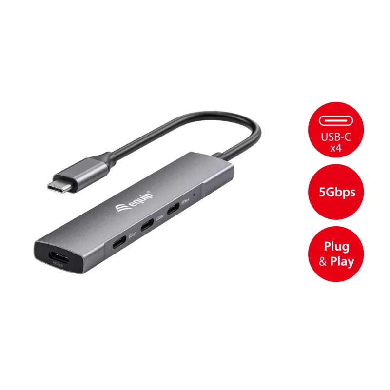 Equip 128963 hub USB-C de 4 portas USB 3.2 Gen 1 (3.1 Gen 1), 4x USB-C, 5 Gbit/s, alumínio, sem adaptador de corrente, preto/prateado