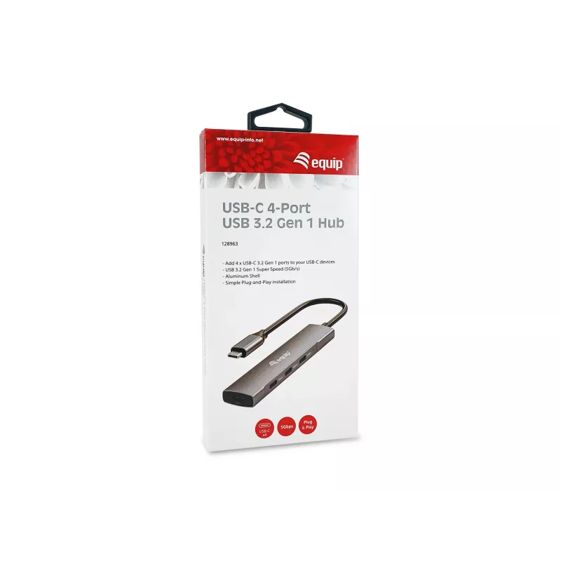 Equip 128963 hub USB-C de 4 portas USB 3.2 Gen 1 (3.1 Gen 1), 4x USB-C, 5 Gbit/s, alumínio, sem adaptador de corrente, preto/prateado