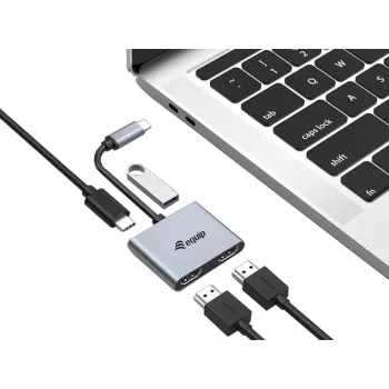 Adaptador dual-HDMI 4-em-1 Equip USB-C, USB 3.2 Gen 1 (3.1 Gen 1) Type-C, prateado, 4K Ultra HD, 30 Hz, HDMI, alumínio