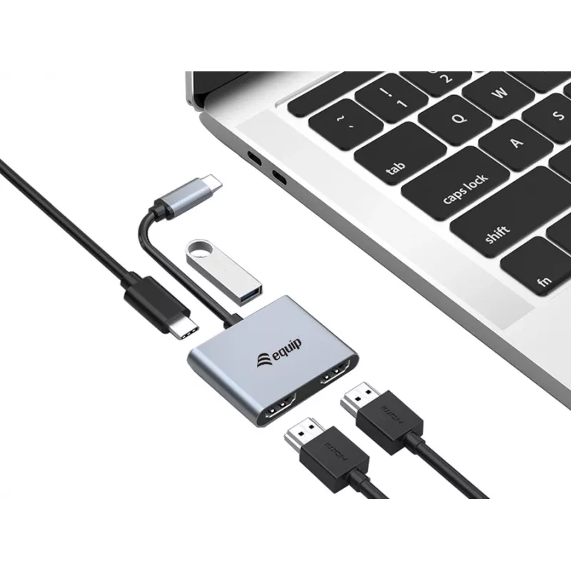 Adaptador dual-HDMI 4-em-1 Equip USB-C, USB 3.2 Gen 1 (3.1 Gen 1) Type-C, prateado, 4K Ultra HD, 30 Hz, HDMI, alumínio