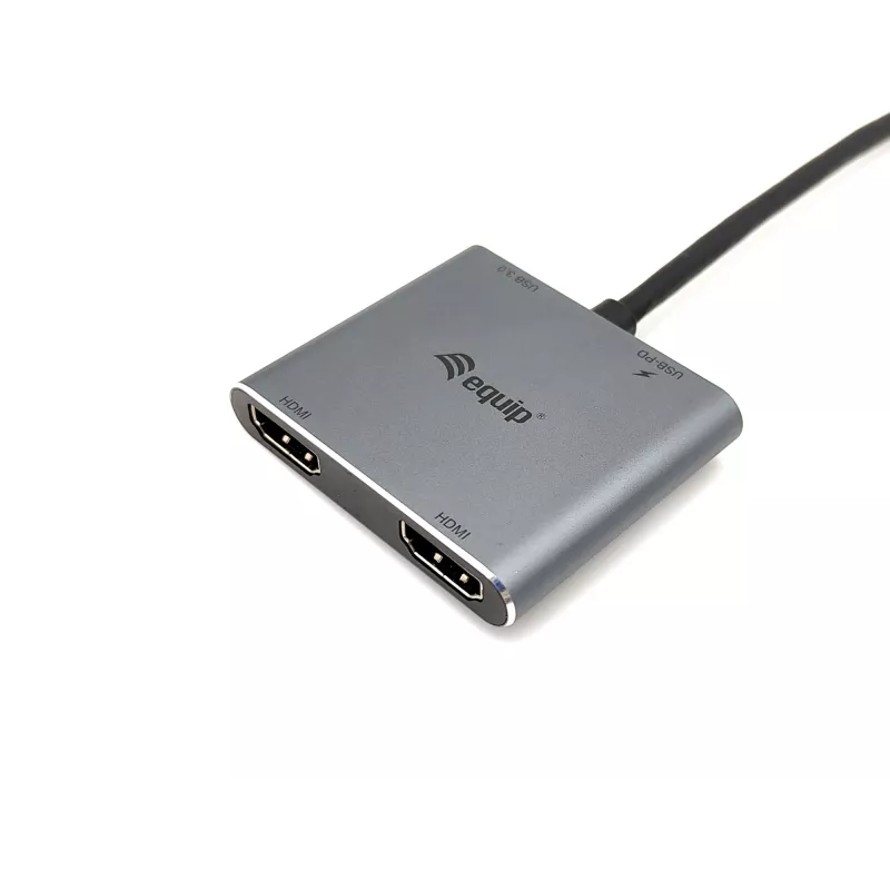 Adaptador dual-HDMI 4-em-1 Equip USB-C, USB 3.2 Gen 1 (3.1 Gen 1) Type-C, prateado, 4K Ultra HD, 30 Hz, HDMI, alumínio