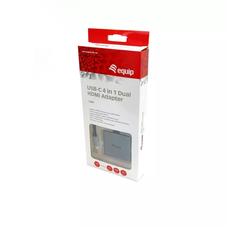 Adaptador dual-HDMI 4-em-1 Equip USB-C, USB 3.2 Gen 1 (3.1 Gen 1) Type-C, prateado, 4K Ultra HD, 30 Hz, HDMI, alumínio