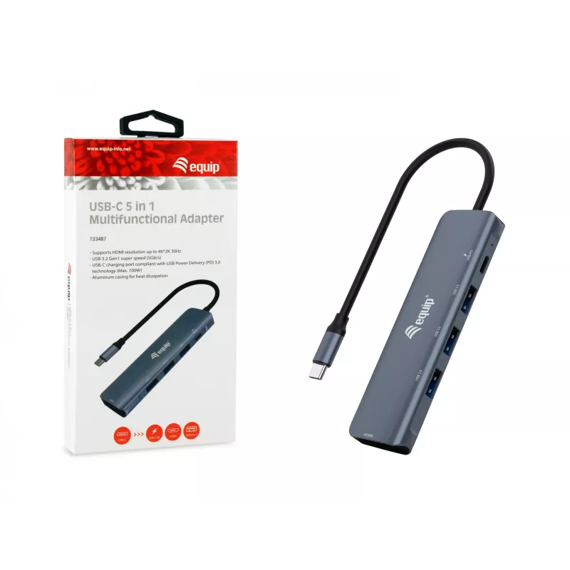 Adaptador multifunções Equip USB-C 5 em 1, HDMI, USB 3.2 GEN1, 100W USB PD
