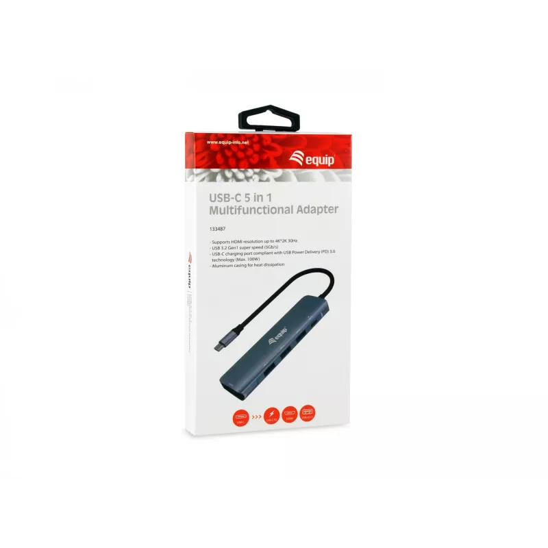Adaptador multifunções Equip USB-C 5 em 1, HDMI, USB 3.2 GEN1, 100W USB PD