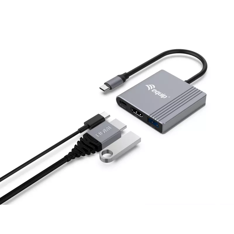 Equip 133488 adaptador 3 em 1 de USB-C para HDMI / USB-A / USB PD, USB 3.2 Gen 1 (3.1 Gen 1), 4K/60 Hz, 100 W PD, alumínio, preto/cinzento