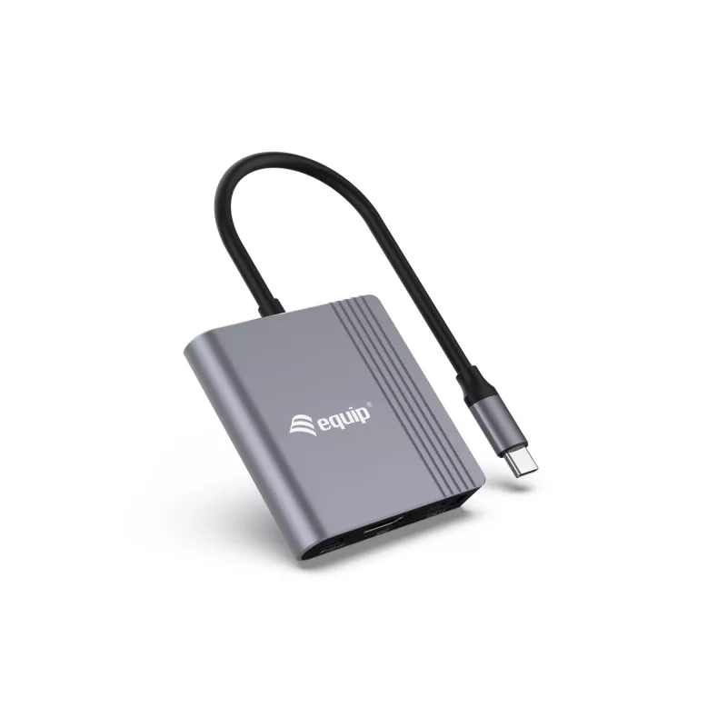 Equip 133488 adaptador 3 em 1 de USB-C para HDMI / USB-A / USB PD, USB 3.2 Gen 1 (3.1 Gen 1), 4K/60 Hz, 100 W PD, alumínio, preto/cinzento