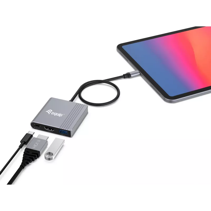 Equip 133488 adaptador 3 em 1 de USB-C para HDMI / USB-A / USB PD, USB 3.2 Gen 1 (3.1 Gen 1), 4K/60 Hz, 100 W PD, alumínio, preto/cinzento