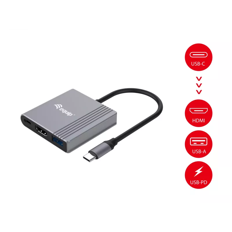 Equip 133488 adaptador 3 em 1 de USB-C para HDMI / USB-A / USB PD, USB 3.2 Gen 1 (3.1 Gen 1), 4K/60 Hz, 100 W PD, alumínio, preto/cinzento