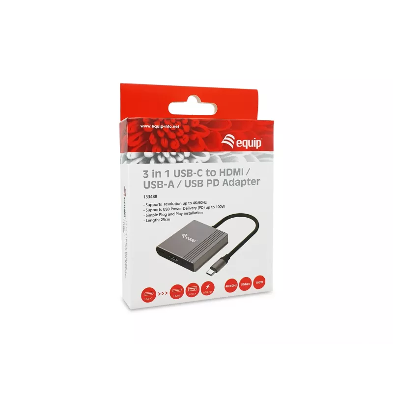 Equip 133488 adaptador 3 em 1 de USB-C para HDMI / USB-A / USB PD, USB 3.2 Gen 1 (3.1 Gen 1), 4K/60 Hz, 100 W PD, alumínio, preto/cinzento