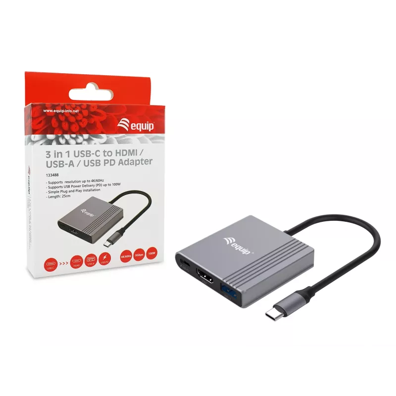 Equip 133488 adaptador 3 em 1 de USB-C para HDMI / USB-A / USB PD, USB 3.2 Gen 1 (3.1 Gen 1), 4K/60 Hz, 100 W PD, alumínio, preto/cinzento