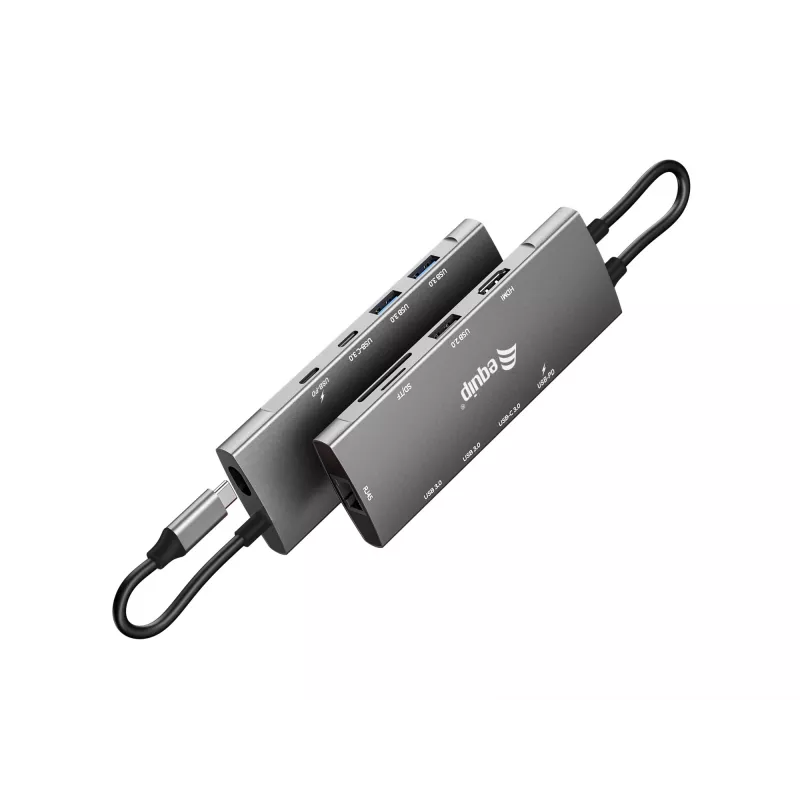 Adaptador multifunções Equip USB-C 9-em-1, HDMI 4K/60Hz, Gigabit-LAN, USB 3.2 GEN1, SD/TF, 100W USB PD