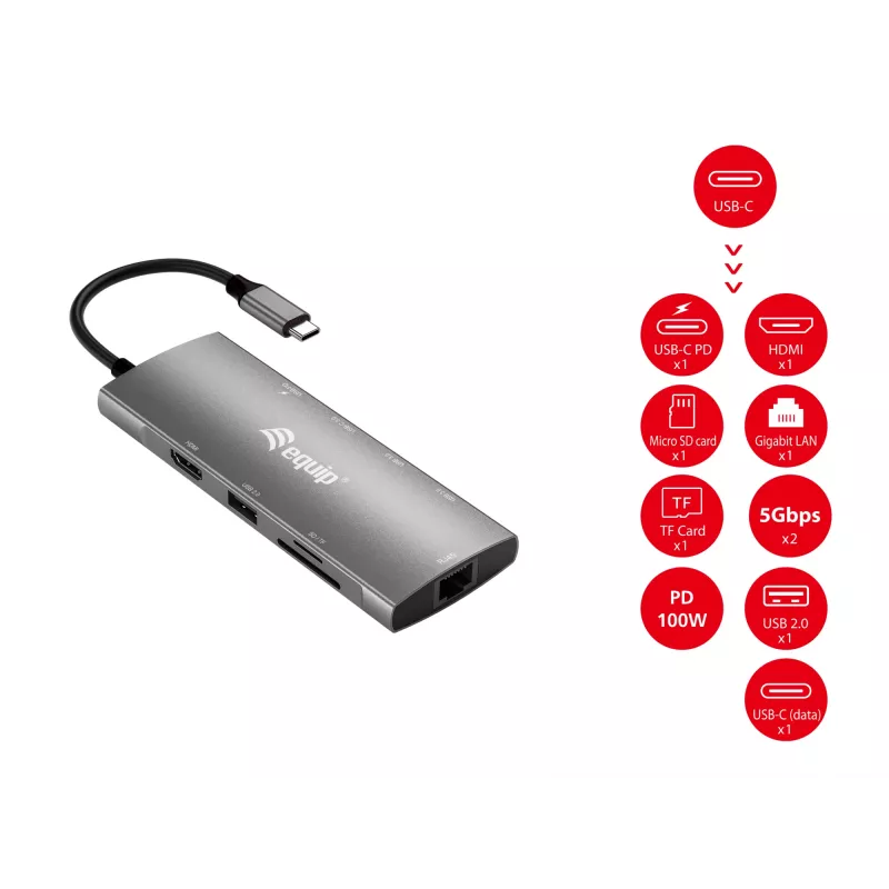 Adaptador multifunções Equip USB-C 9-em-1, HDMI 4K/60Hz, Gigabit-LAN, USB 3.2 GEN1, SD/TF, 100W USB PD