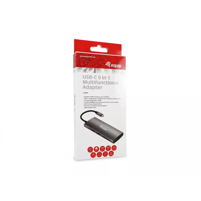 Adaptador multifunções Equip USB-C 9-em-1, HDMI 4K/60Hz, Gigabit-LAN, USB 3.2 GEN1, SD/TF, 100W USB PD