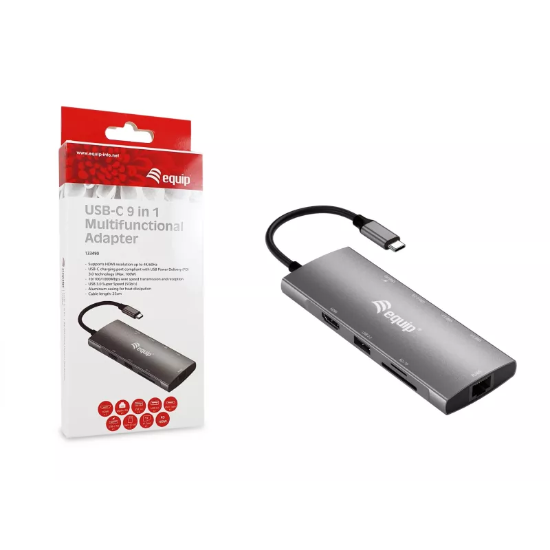 Adaptador multifunções Equip USB-C 9-em-1, HDMI 4K/60Hz, Gigabit-LAN, USB 3.2 GEN1, SD/TF, 100W USB PD