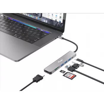 Adaptador multifunções Equip USB-C 7-em-1, HDMI 4K/60Hz, USB 3.2 Gen1 x3, TF/Micro SD, 100W USB PD