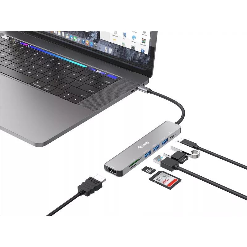 Adaptador multifunções Equip USB-C 7-em-1, HDMI 4K/60Hz, USB 3.2 Gen1 x3, TF/Micro SD, 100W USB PD
