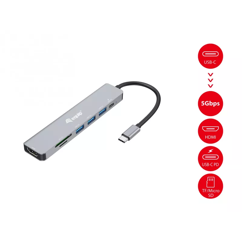 Adaptador multifunções Equip USB-C 7-em-1, HDMI 4K/60Hz, USB 3.2 Gen1 x3, TF/Micro SD, 100W USB PD