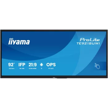 Ecrã de sinalização iiyama TE9218UWI-B1AG design quiosque 2,32 m (91,5 polegadas) LED Wi-Fi 500 cd/m² 5K Ultra HD preto ecrã tátil processador integrado Android 16/7