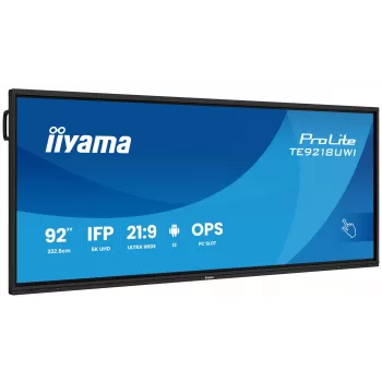 Ecrã de sinalização iiyama TE9218UWI-B1AG design quiosque 2,32 m (91,5 polegadas) LED Wi-Fi 500 cd/m² 5K Ultra HD preto ecrã tátil processador integrado Android 16/7