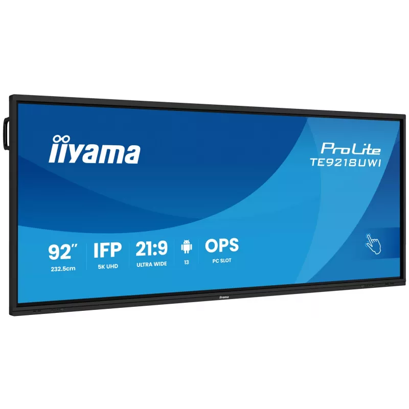 Ecrã de sinalização iiyama TE9218UWI-B1AG design quiosque 2,32 m (91,5 polegadas) LED Wi-Fi 500 cd/m² 5K Ultra HD preto ecrã tátil processador integrado Android 16/7