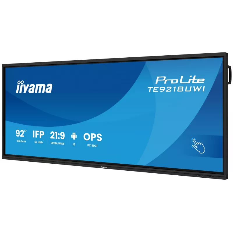 Ecrã de sinalização iiyama TE9218UWI-B1AG design quiosque 2,32 m (91,5 polegadas) LED Wi-Fi 500 cd/m² 5K Ultra HD preto ecrã tátil processador integrado Android 16/7