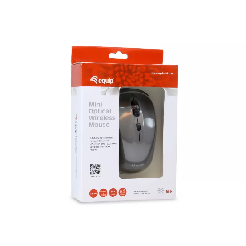 Equip Rato ótico mini sem fios, ambidestro, ótico, RF sem fios, 1600 DPI, cinzento