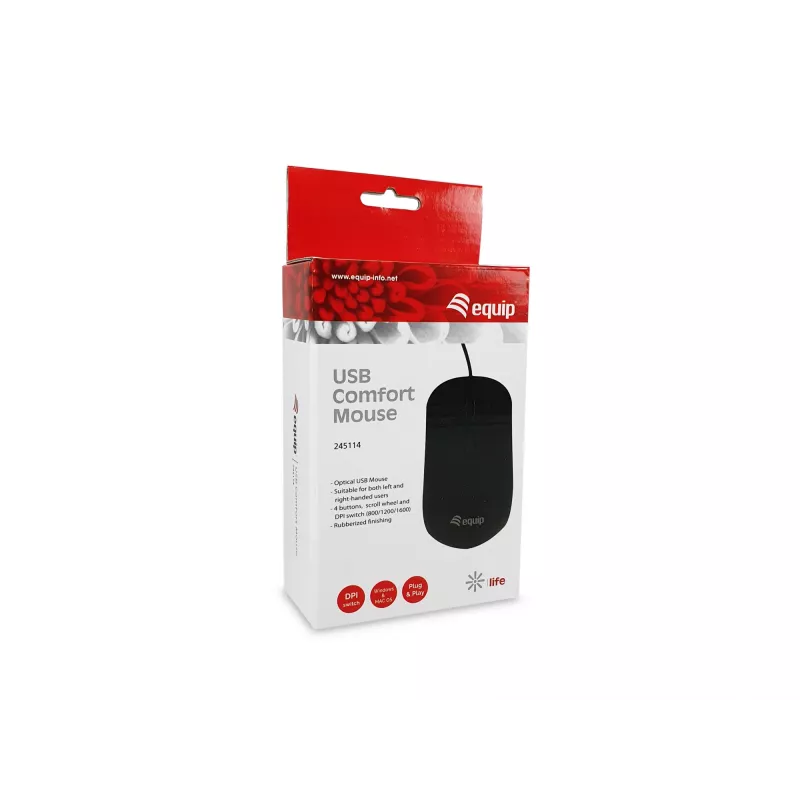 Equip Rato Comfort USB, ambidestro, ótico, USB Type-A, 1600 DPI, preto