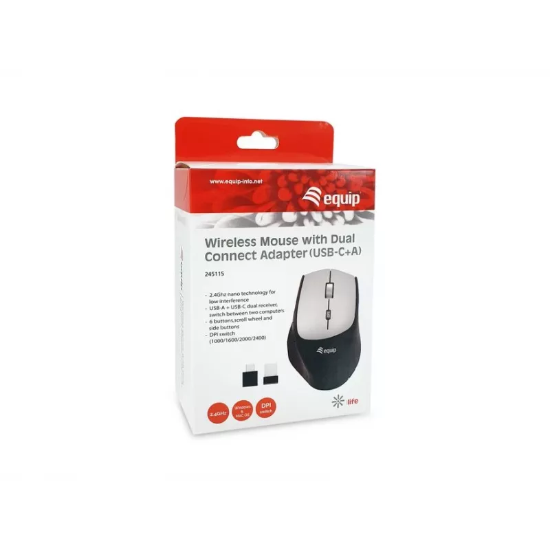 Equip 245115 Rato sem fios com adaptador dual-connect (USB-C+A)