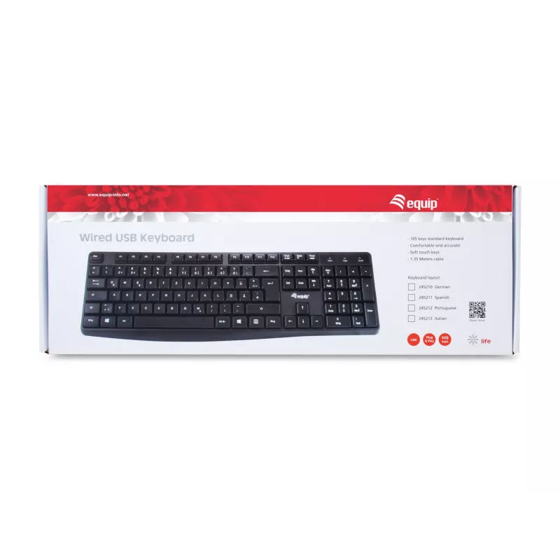 Equip Teclado USB com fios, tamanho completo (100%), com fios, USB, QWERTY, preto