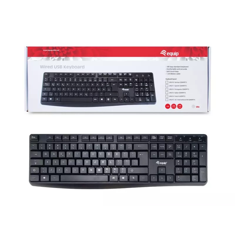 Equip Teclado USB com fios, layout US/internacional (QWERTY), tamanho completo (100%), com fios, USB, QWERTY, preto