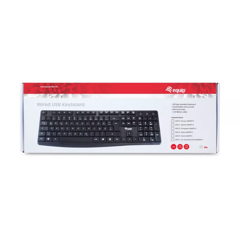 Equip Teclado USB com fios, layout US/internacional (QWERTY), tamanho completo (100%), com fios, USB, QWERTY, preto