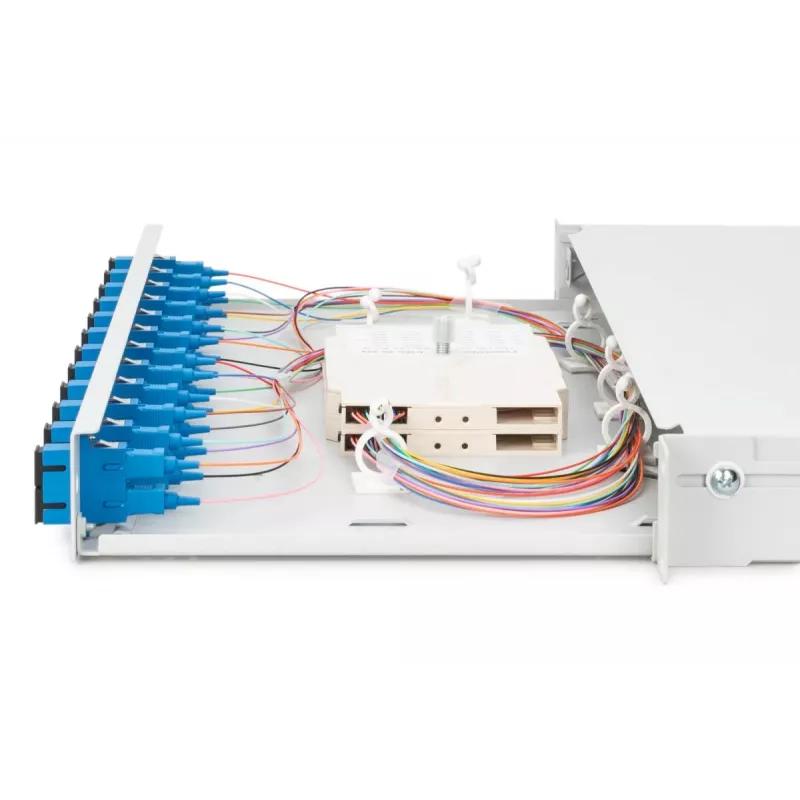 DIGITUS Caixa de emenda de fibra ótica, 1U, equipada com 12x SC Duplex, incl. parafuso M25, cassete de emenda, pigtails coloridos OS2, adaptadores