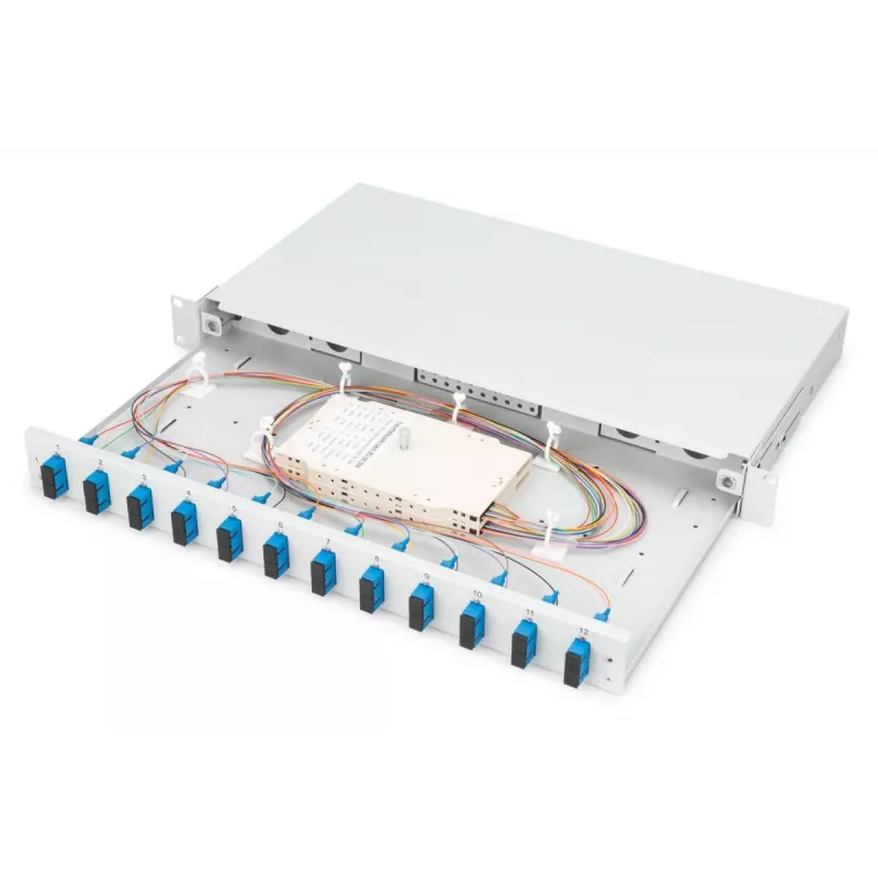 DIGITUS Caixa de emenda de fibra ótica, 1U, equipada com 12x SC Duplex, incl. parafuso M25, cassete de emenda, pigtails coloridos OS2, adaptadores