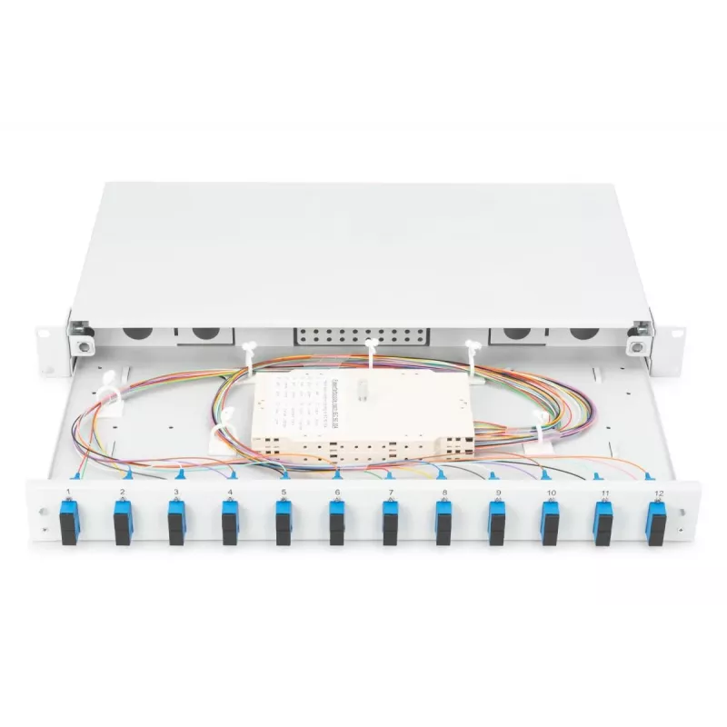 DIGITUS Caixa de emenda de fibra ótica, 1U, equipada com 12x SC Duplex, incl. parafuso M25, cassete de emenda, pigtails coloridos OS2, adaptadores