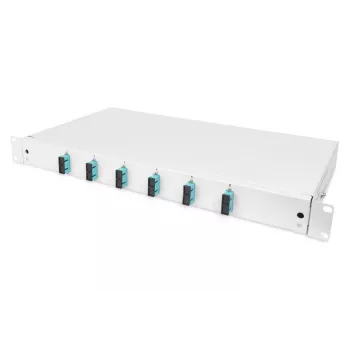 DIGITUS Caixa de emenda deslizante de fibra ótica, 1U, equipada com 6x SC Duplex, incl. parafuso M25, cassete de emenda, pigtails coloridos OM3, adaptadores