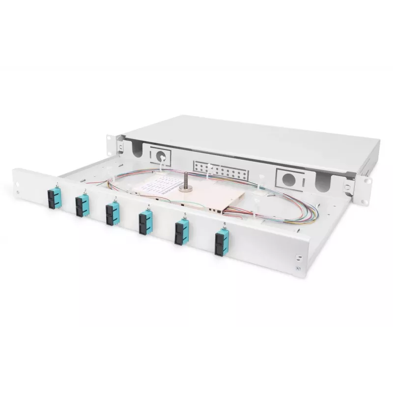 DIGITUS Caixa de emenda deslizante de fibra ótica, 1U, equipada com 6x SC Duplex, incl. parafuso M25, cassete de emenda, pigtails coloridos OM3, adaptadores