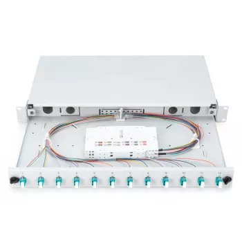 DIGITUS caixa de fusão de fibra ótica, 1HE, equipada com 12x LC-Duplex, incl. parafusos M25, cassete de fusão OM3, pigtails coloridos, adaptador