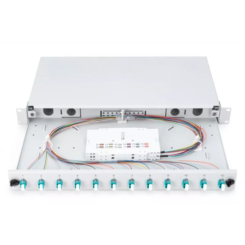 DIGITUS caixa de fusão de fibra ótica, 1HE, equipada com 12x LC-Duplex, incl. parafusos M25, cassete de fusão OM3, pigtails coloridos, adaptador
