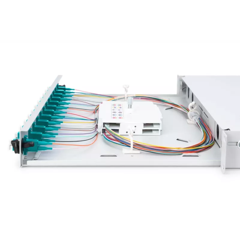 DIGITUS caixa de fusão de fibra ótica, 1HE, equipada com 12x LC-Duplex, incl. parafusos M25, cassete de fusão OM3, pigtails coloridos, adaptador