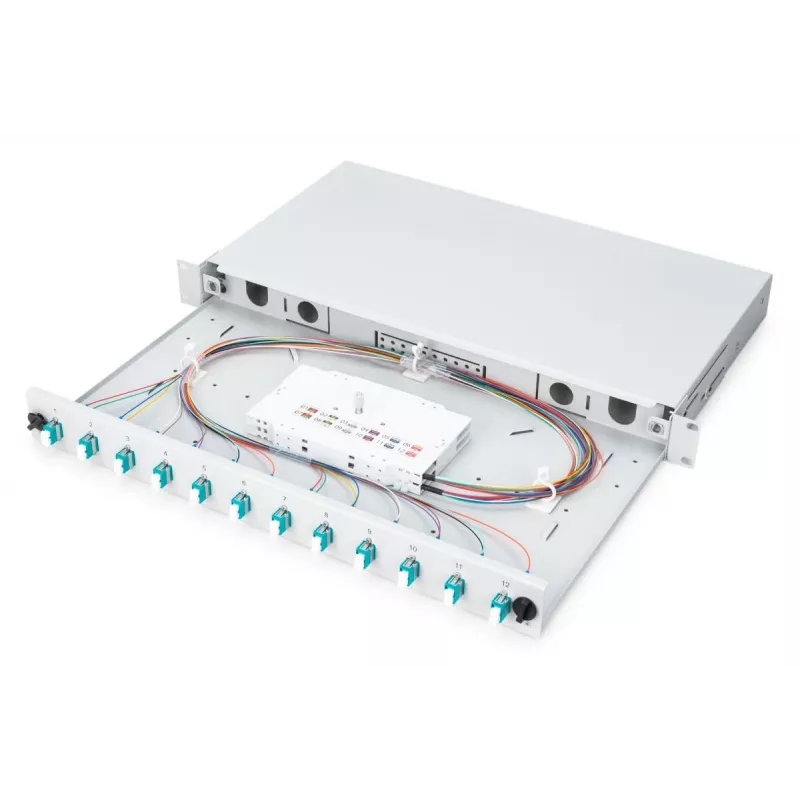 DIGITUS caixa de fusão de fibra ótica, 1HE, equipada com 12x LC-Duplex, incl. parafusos M25, cassete de fusão OM3, pigtails coloridos, adaptador