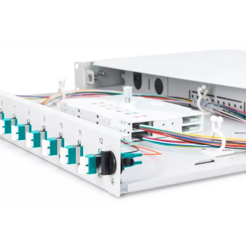 DIGITUS caixa de fusão de fibra ótica, 1HE, equipada com 12x LC-Duplex, incl. parafusos M25, cassete de fusão OM3, pigtails coloridos, adaptador