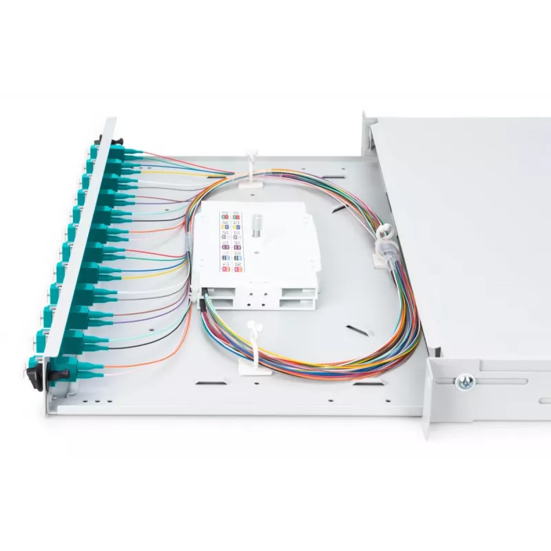 DIGITUS caixa de fusão de fibra ótica, 1HE, equipada com 12x LC-Duplex, incl. parafusos M25, cassete de fusão OM3, pigtails coloridos, adaptador