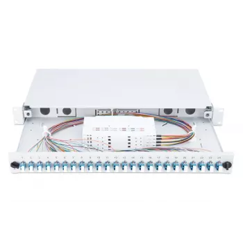 DIGITUS Caixa de emenda deslizante de fibra ótica, 1U, equipada com 24x LC Duplex, incl. parafuso M25, cassete de emenda, pigtails coloridos OM4, adaptadores