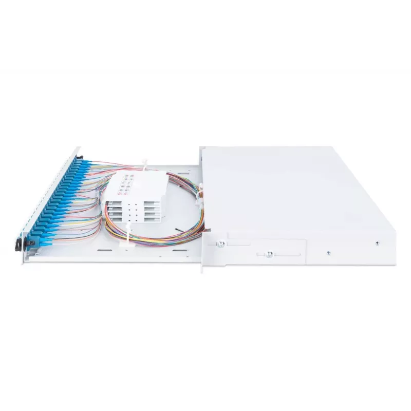 DIGITUS Caixa de emenda deslizante de fibra ótica, 1U, equipada com 24x LC Duplex, incl. parafuso M25, cassete de emenda, pigtails coloridos OM4, adaptadores