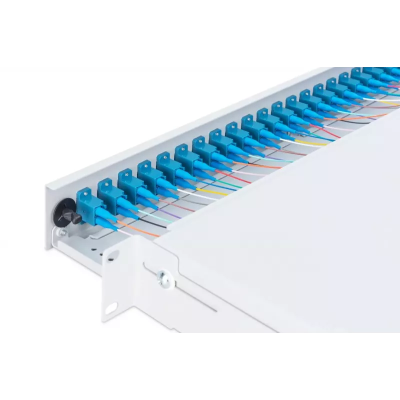 DIGITUS Caixa de emenda deslizante de fibra ótica, 1U, equipada com 24x LC Duplex, incl. parafuso M25, cassete de emenda, pigtails coloridos OM4, adaptadores