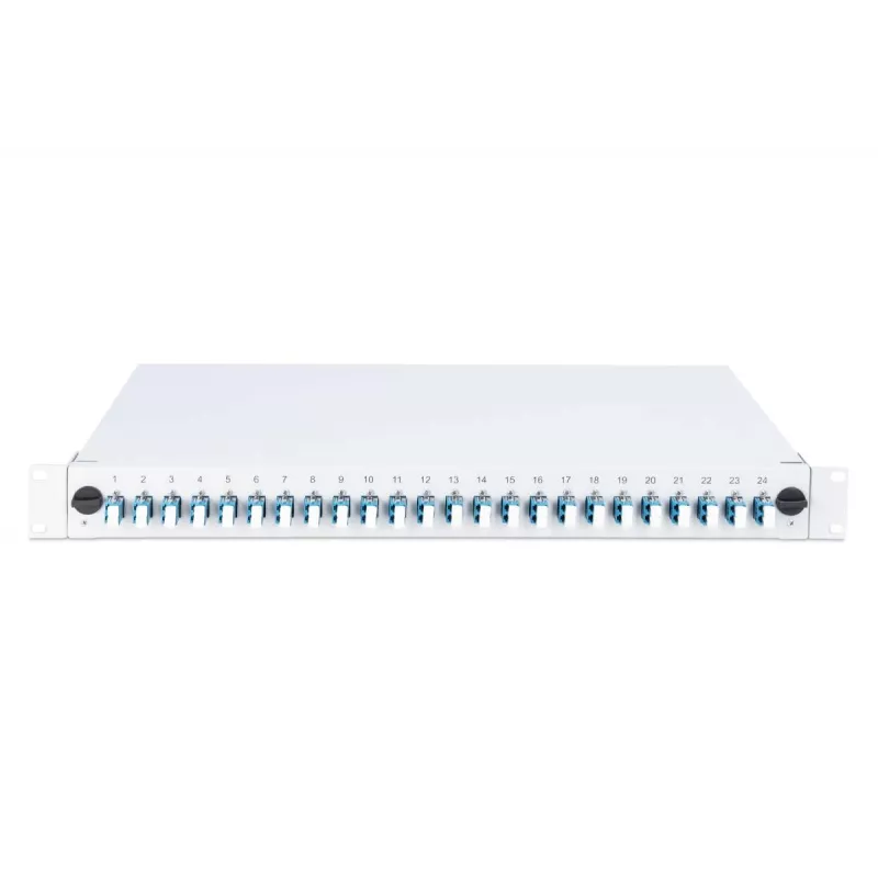 DIGITUS Caixa de emenda deslizante de fibra ótica, 1U, equipada com 24x LC Duplex, incl. parafuso M25, cassete de emenda, pigtails coloridos OM4, adaptadores