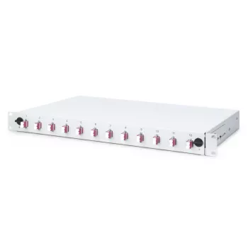 DIGITUS Caixa de emenda deslizante de fibra ótica, 1U, equipada com 12x LC Duplex, incl. parafuso M25, cassete de emenda, pigtails coloridos OM4, adaptadores
