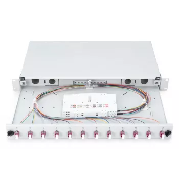 DIGITUS Caixa de emenda deslizante de fibra ótica, 1U, equipada com 12x LC Duplex, incl. parafuso M25, cassete de emenda, pigtails coloridos OM4, adaptadores
