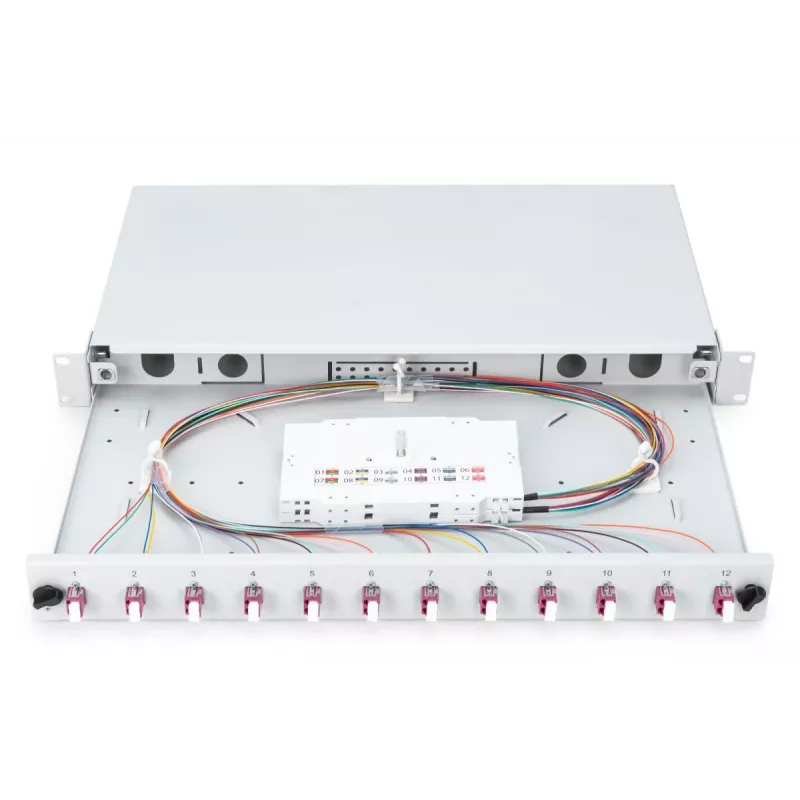 DIGITUS Caixa de emenda deslizante de fibra ótica, 1U, equipada com 12x LC Duplex, incl. parafuso M25, cassete de emenda, pigtails coloridos OM4, adaptadores